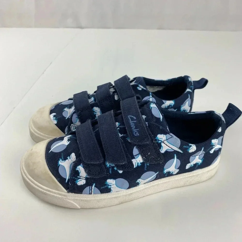 Clarks Youth Size 12.5W City Bright Hook and Loop Shoes Dinosaur Print Navy